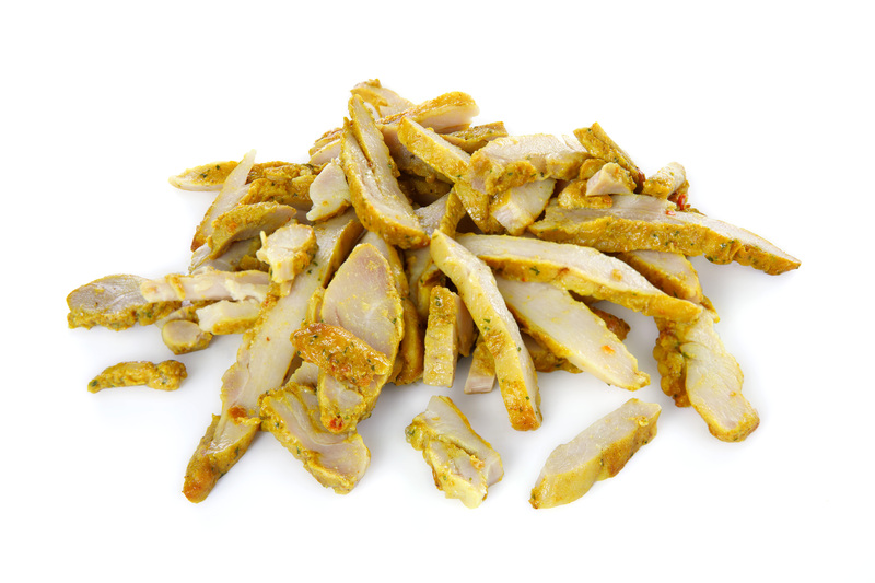 Roasted chicken thigh meat strips Curry, 6 mm